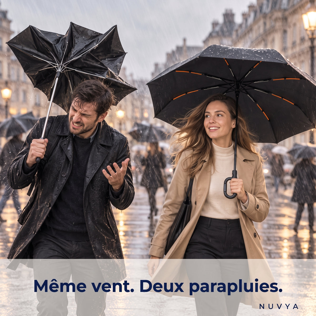 Même vent, deux parapluies : un parapluie premier prix retourné à côté du Nuvya StormHook intact