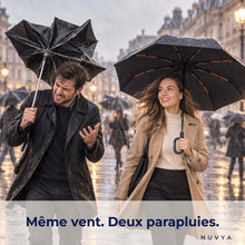 Même vent, deux parapluies : un parapluie premier prix retourné à côté du Nuvya StormHook intact