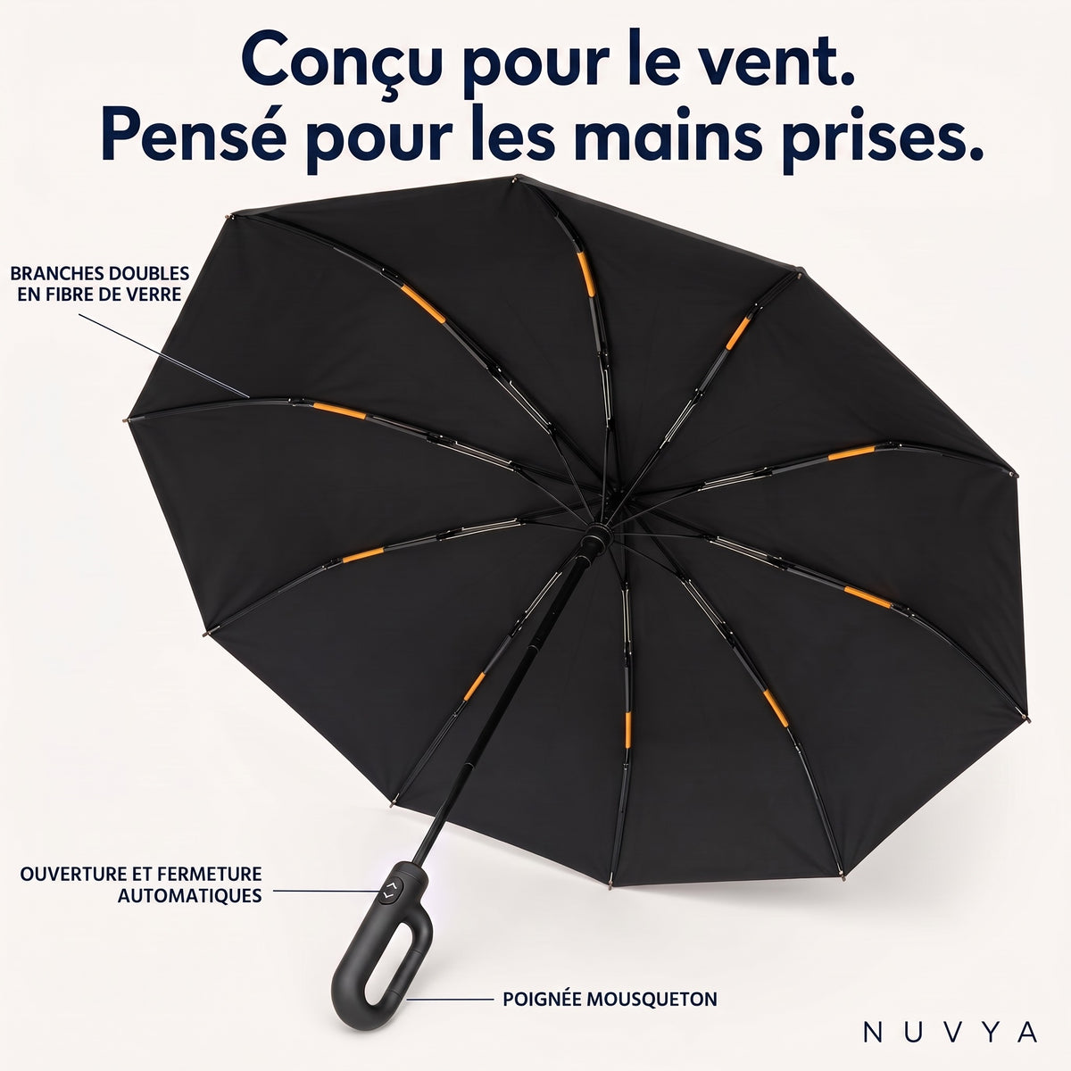 Nuvya StormHook : branches doubles en fibre de verre, ouverture et fermeture automatiques, poignée mousqueton