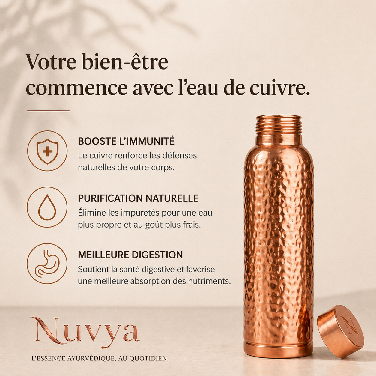 Gourde en Cuivre – Nuvya™ | L’Eau Purifiée Naturellement, Sans Plastique
